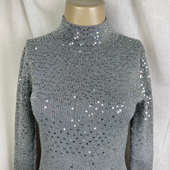 VTG Y2K Once Again Silver Sequin Mock Turtle Neck Sweater Shimmery Sparkly Sz M - Picture 2 of 16